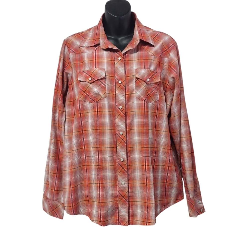 Cowgirl Legend Women's Size XL Orange Plaid Western Pearl Snap Shirt Long Sleeve